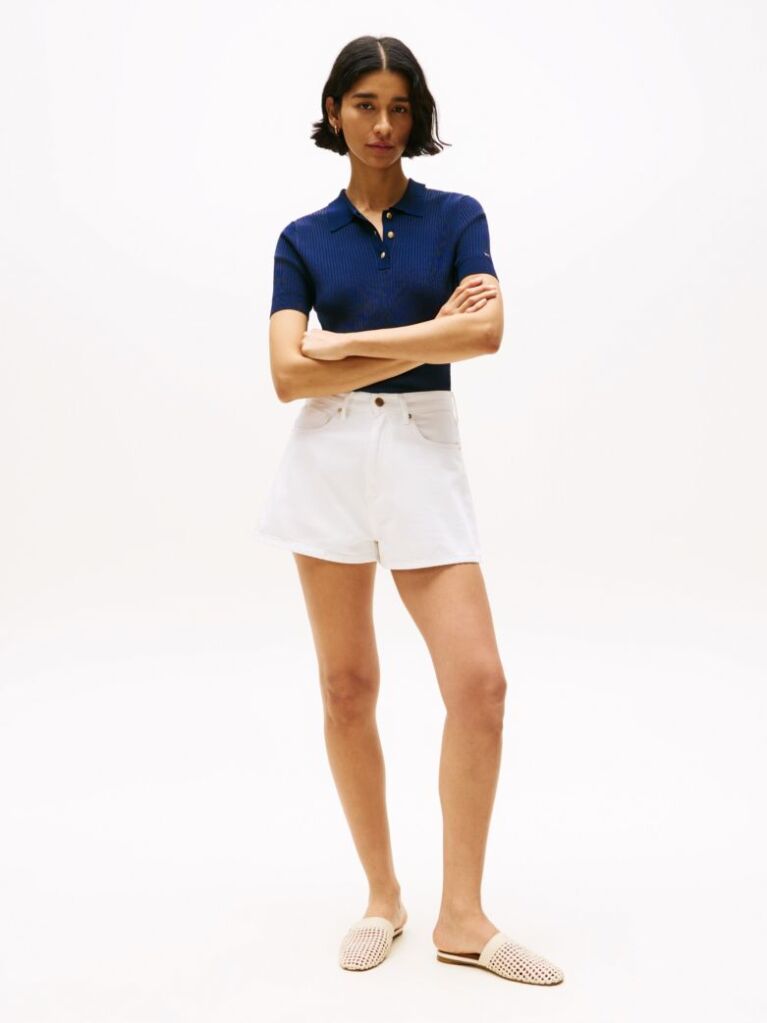 Blue Ribbed Short Sleeve Polo Jumper  Women