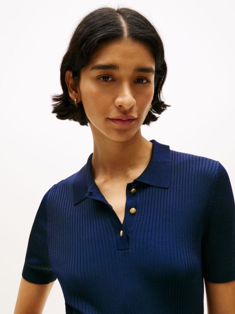 Blue Ribbed Short Sleeve Polo Jumper  Women