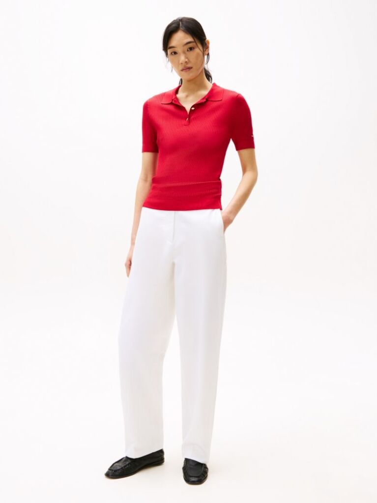 Red Ribbed Short Sleeve Polo Jumper  Women