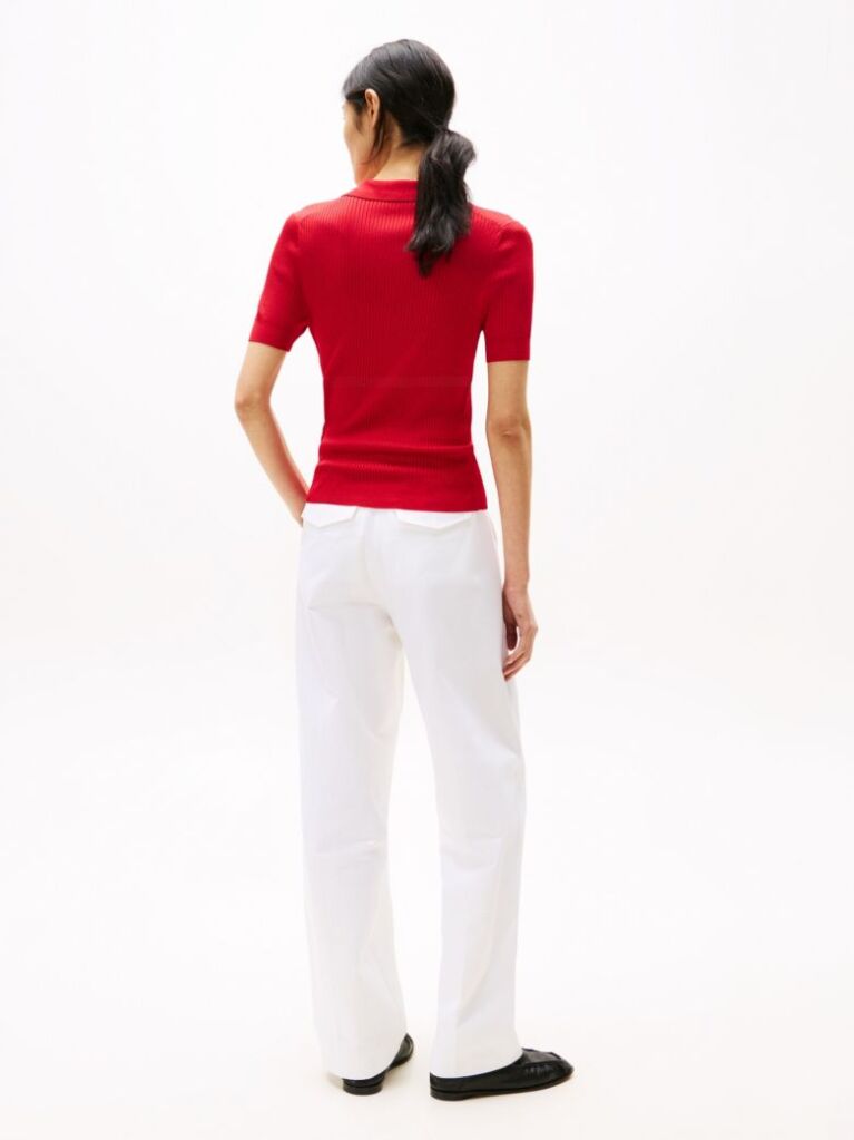 Red Ribbed Short Sleeve Polo Jumper  Women