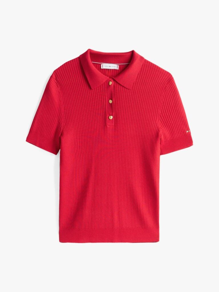 Red Ribbed Short Sleeve Polo Jumper  Women