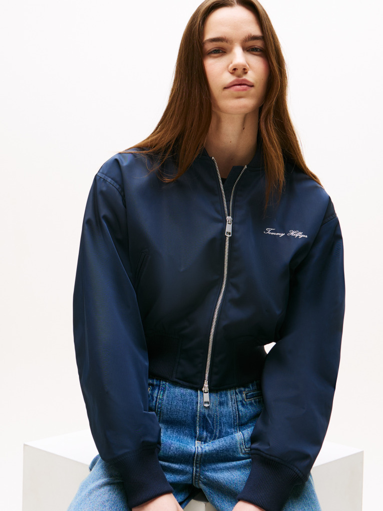 Blue Water Repellent Relaxed Short Bomber Jacket  Women