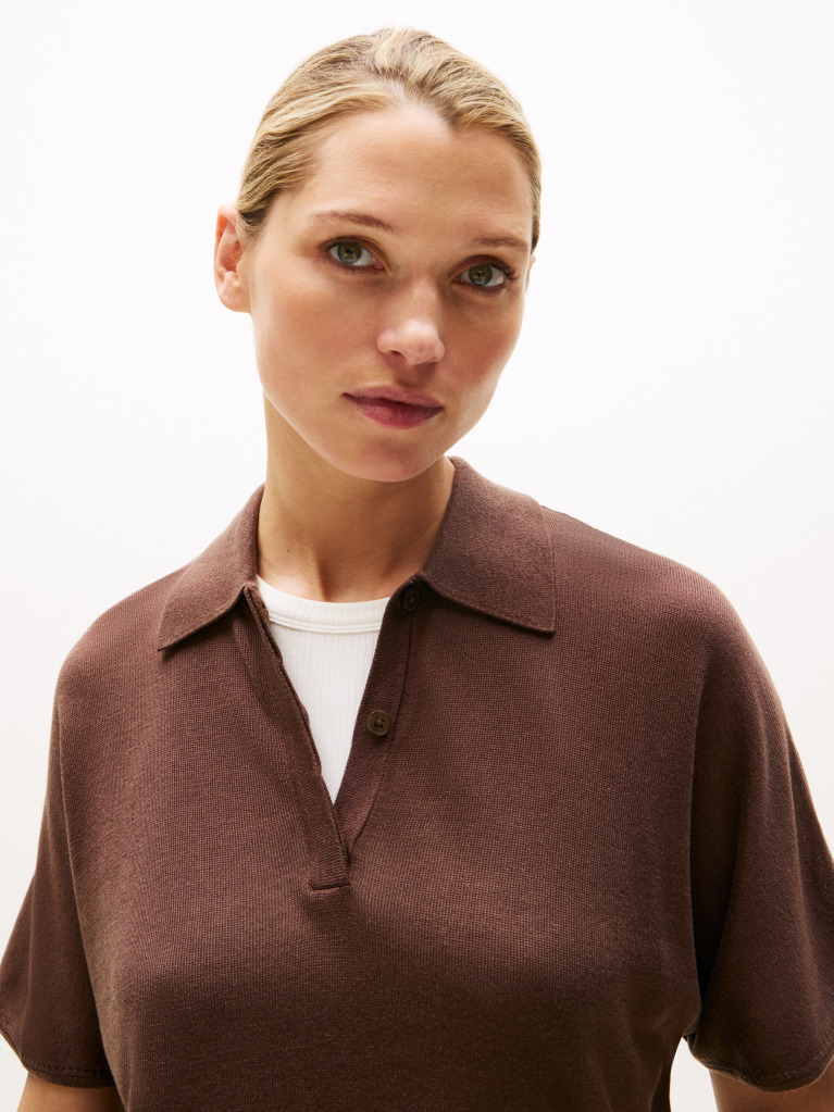 Brown Short Sleeve Polo Jumper With Silk  Women
