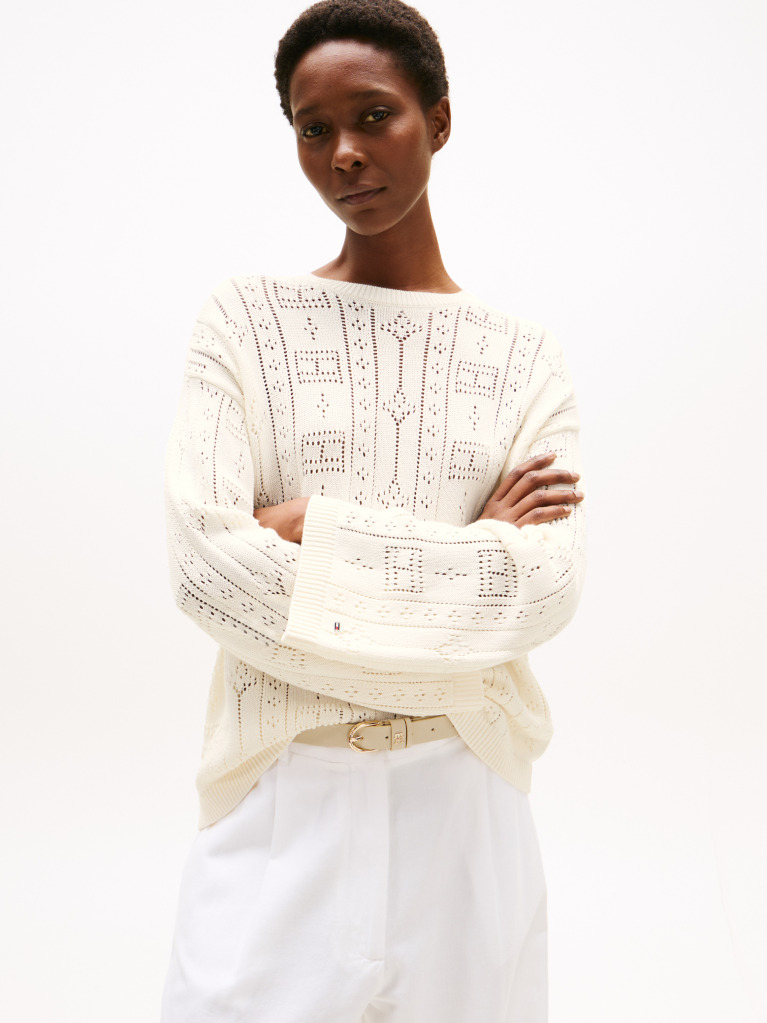 Beige Pointelle Tex Flag Relaxed Long Sleeve Sweater  Women
