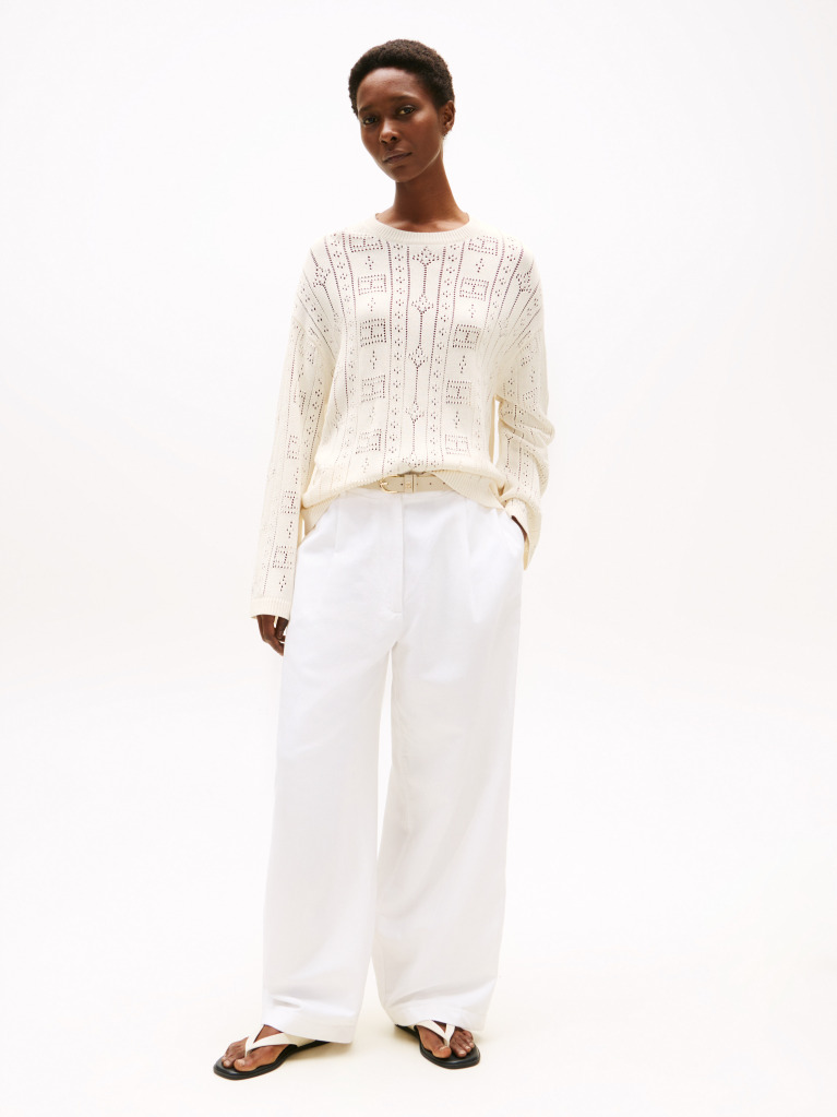 Beige Pointelle Tex Flag Relaxed Long Sleeve Sweater  Women