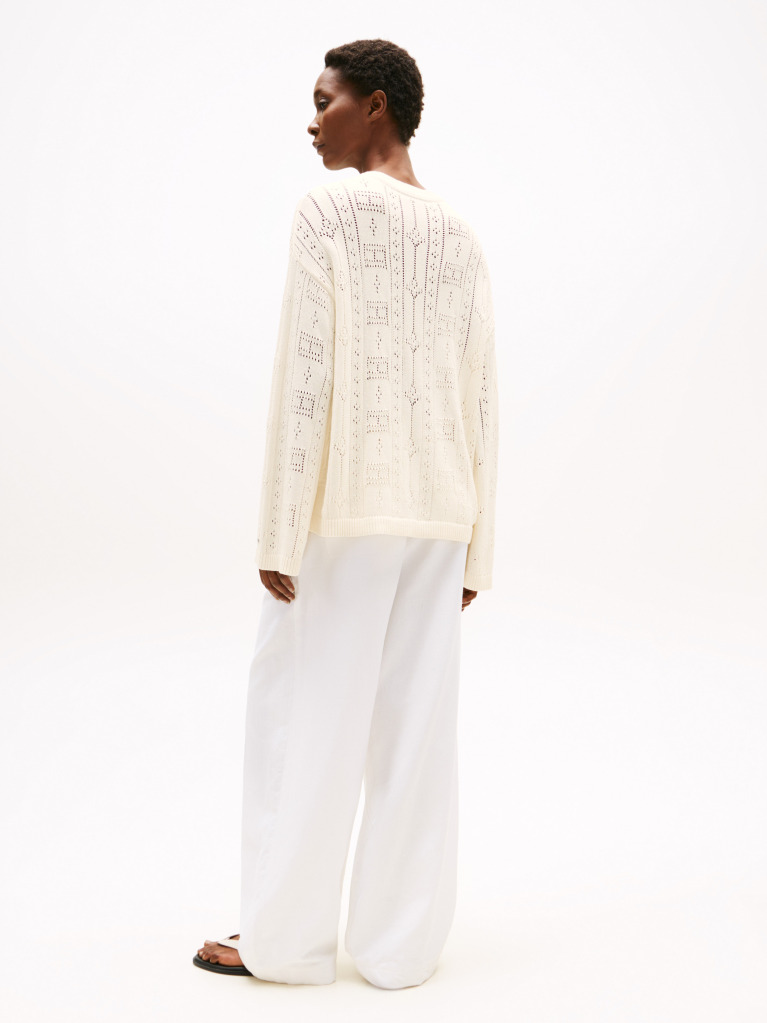 Beige Pointelle Tex Flag Relaxed Long Sleeve Sweater  Women