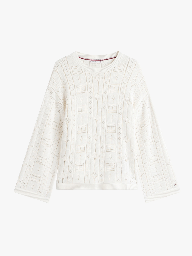 Beige Pointelle Tex Flag Relaxed Long Sleeve Sweater  Women