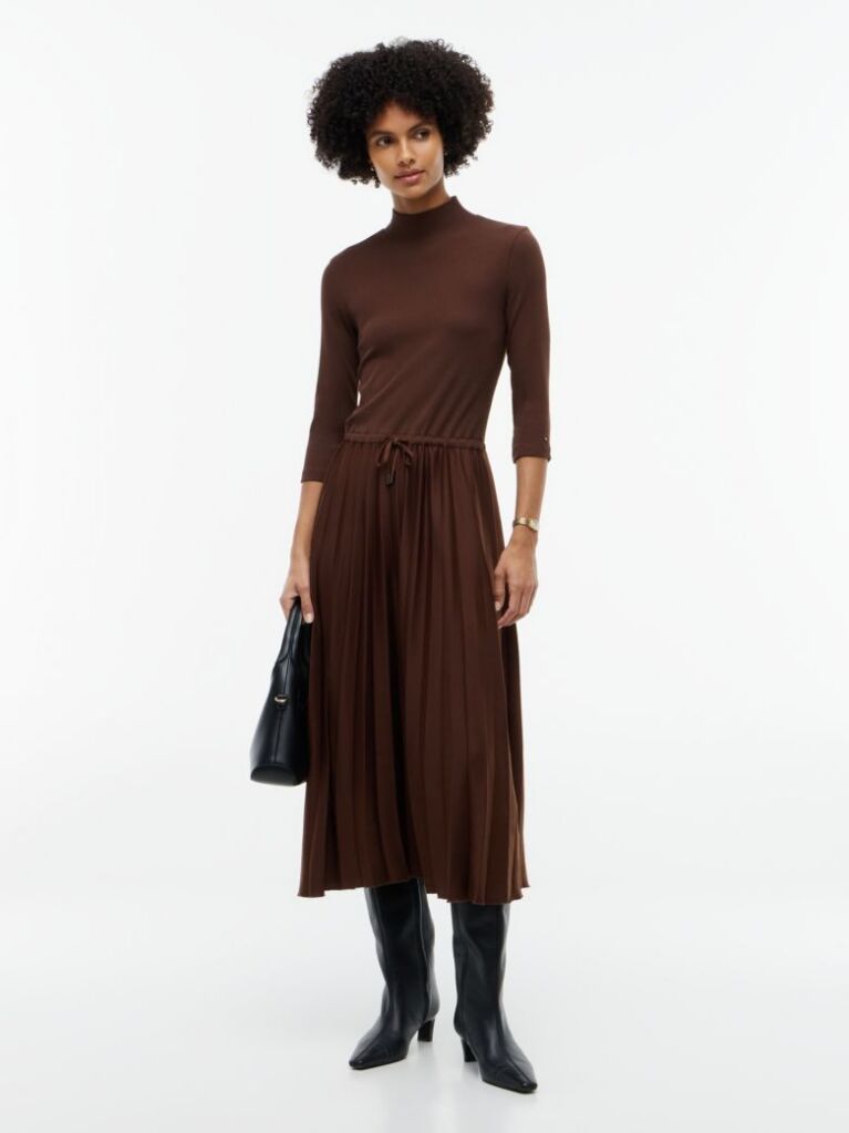 Brown Pleated Midi Fit And Flare Dress  Women
