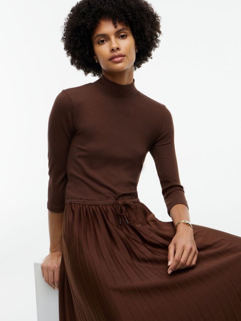 Brown Pleated Midi Fit And Flare Dress  Women