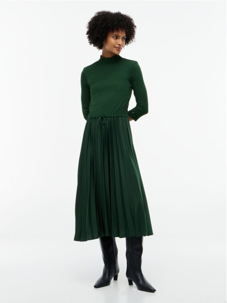 Green Pleated Midi Fit And Flare Dress  Women