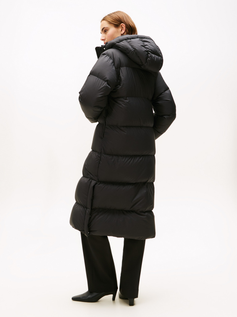 Black Down Hooded Longline Puffer Coat  Women