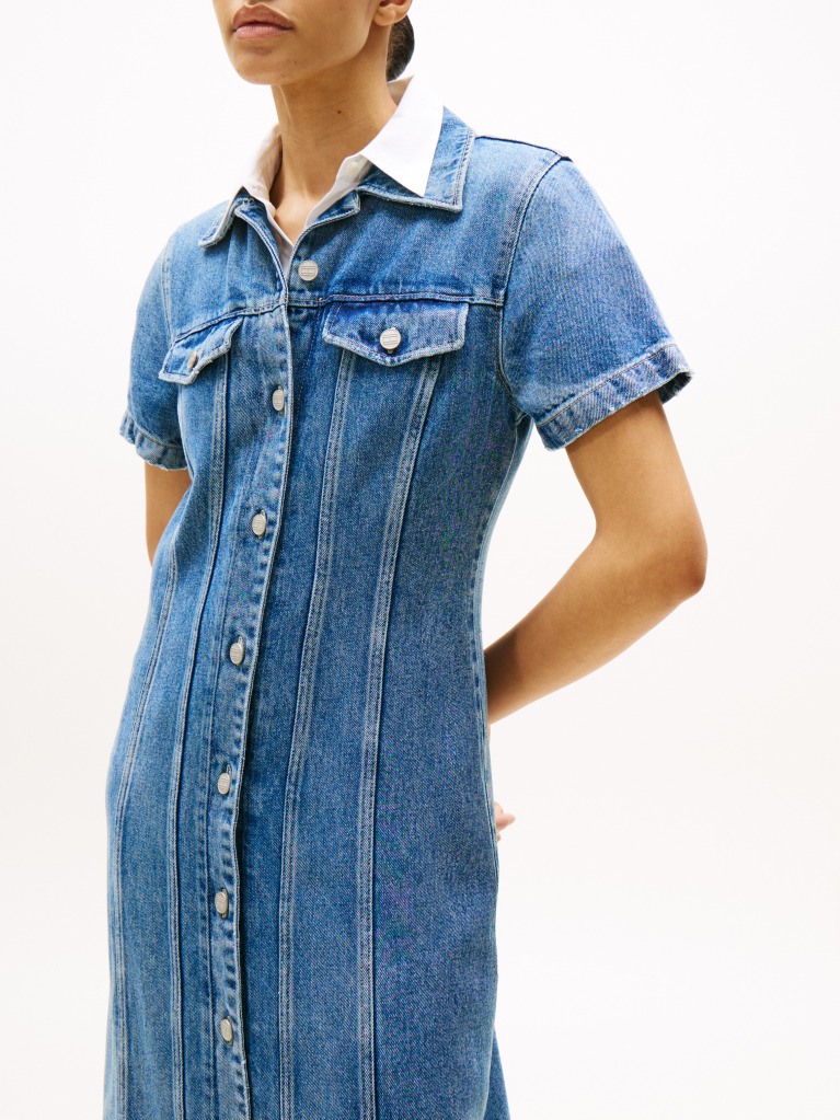 Blue Midi Denim Short Sleeve Shirt Dress  Women