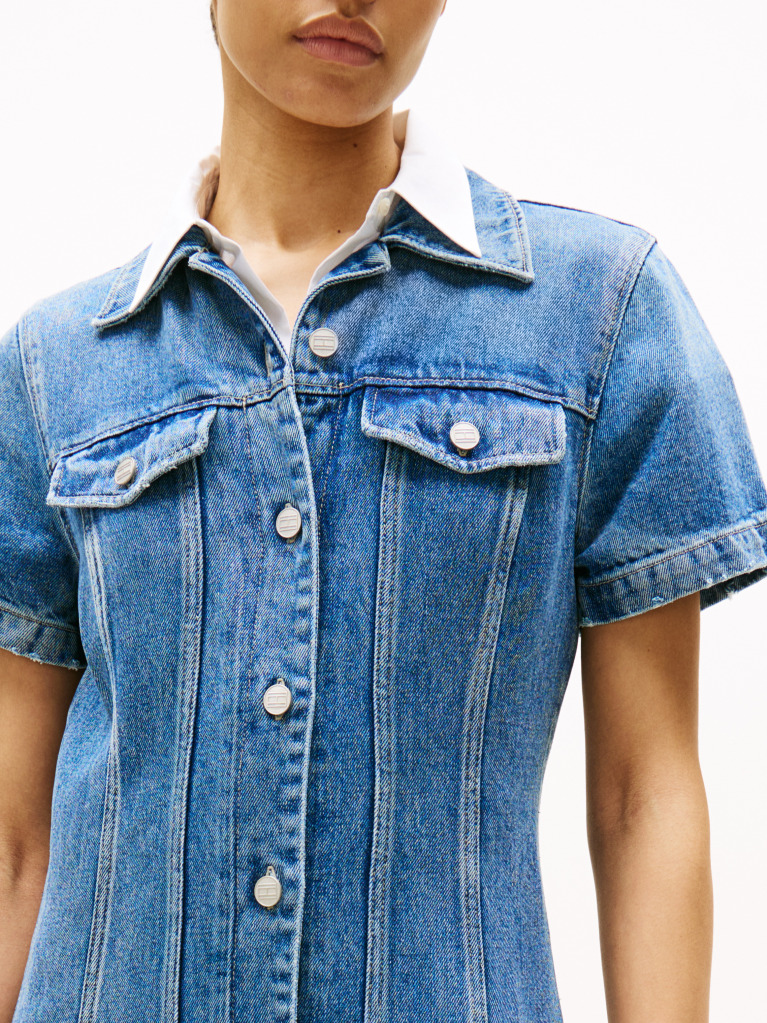 Blue Midi Denim Short Sleeve Shirt Dress  Women