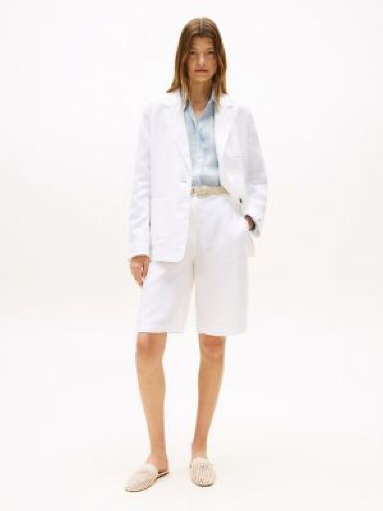 White Linen Blend Tailored Shorts  Women