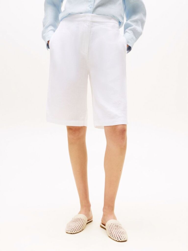 White Linen Blend Tailored Shorts  Women