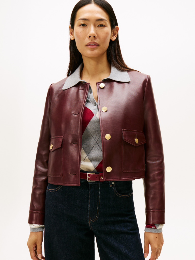 Red Water Repellent Collarless Leather Jacket  Women