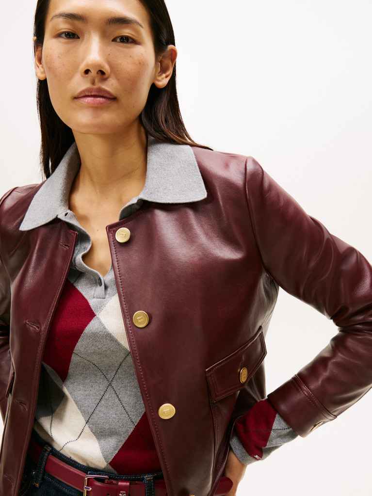 Red Water Repellent Collarless Leather Jacket  Women