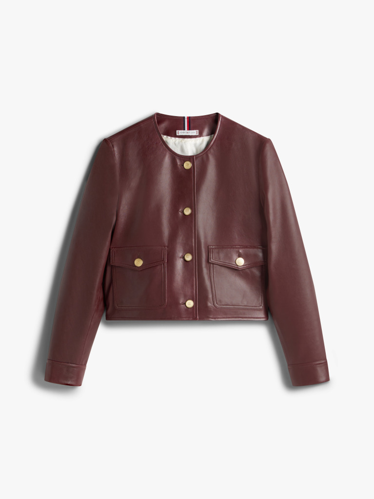 Red Water Repellent Collarless Leather Jacket  Women