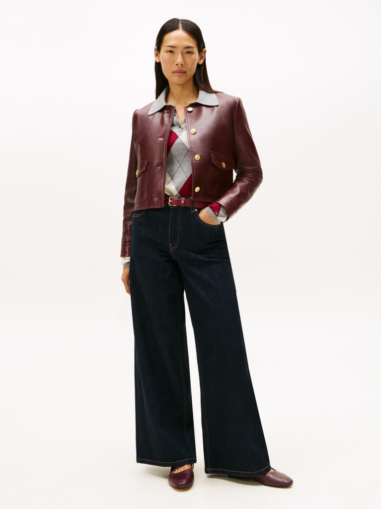 Red Water Repellent Collarless Leather Jacket  Women