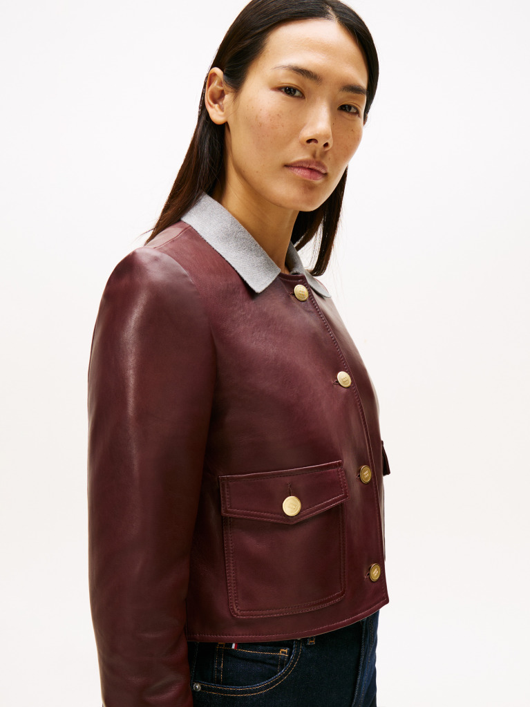 Red Water Repellent Collarless Leather Jacket  Women