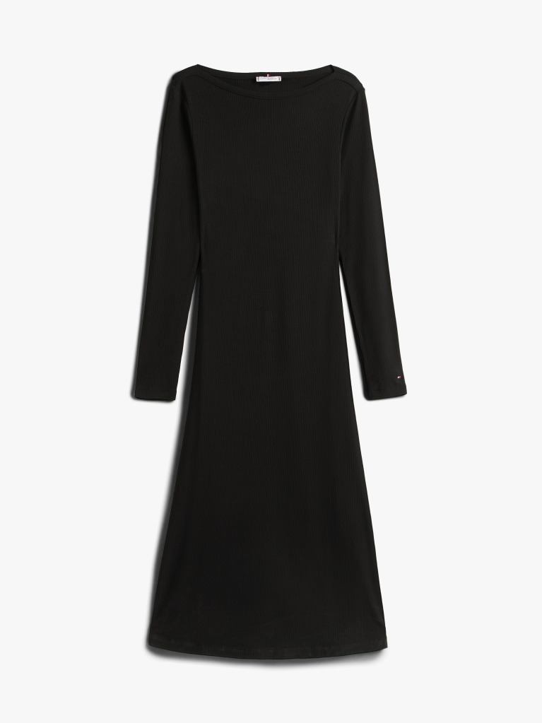 Black Ribbed Midi Fit And Flare Dress  Women