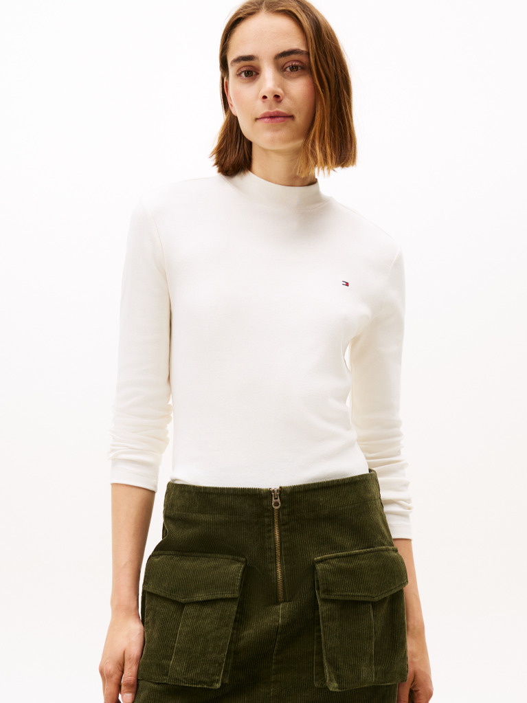 Beige Mock Neck Slim Long Sleeve Top  Women