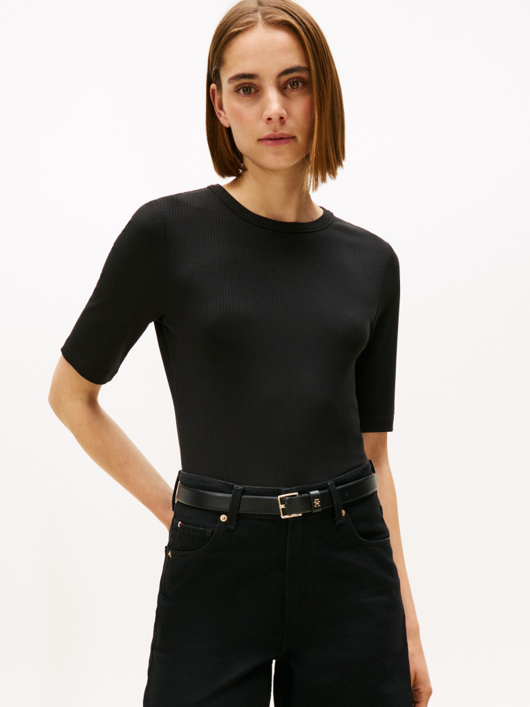 Black Ribbed Slim Half Sleeve T-Shirt  Women