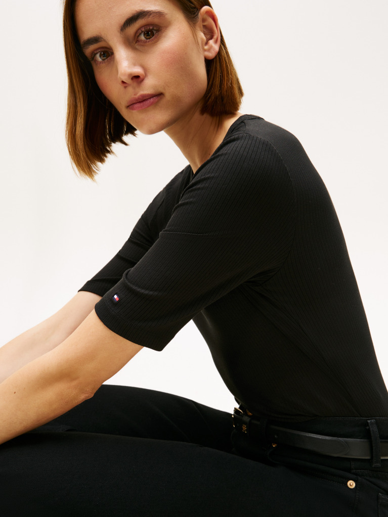 Black Ribbed Slim Half Sleeve T-Shirt  Women