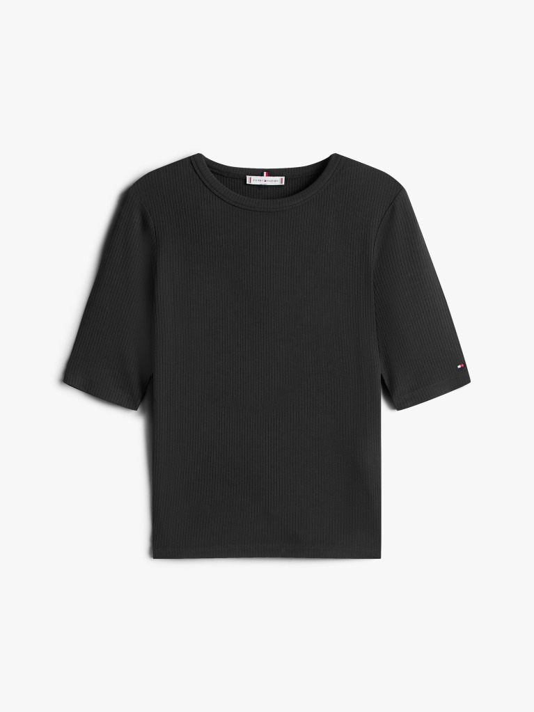 Black Ribbed Slim Half Sleeve T-Shirt  Women