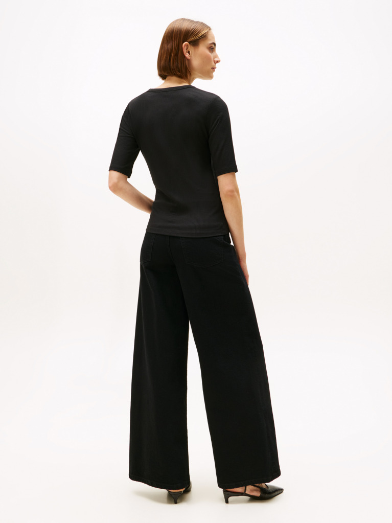 Black Ribbed Slim Half Sleeve T-Shirt  Women