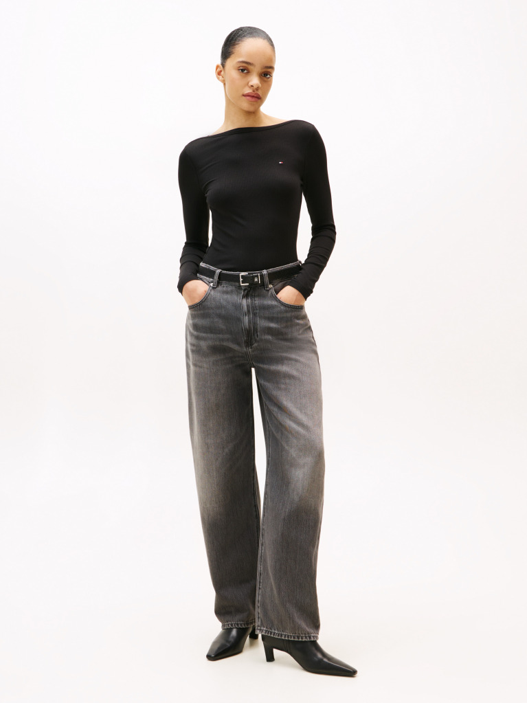 Black Ribbed Slim Boat Neck T-Shirt  Women