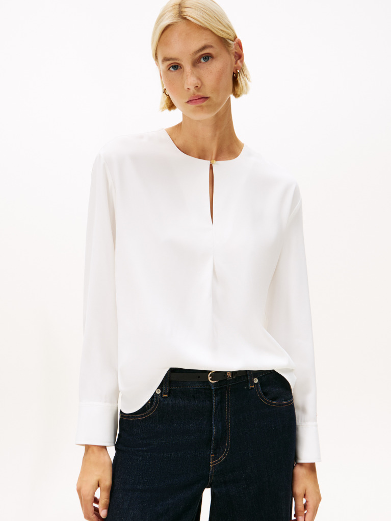 Beige Keyhole Cutout Relaxed Fit Blouse  Women