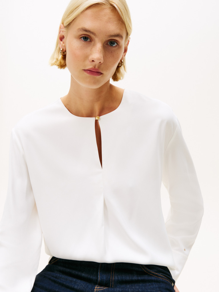 Beige Keyhole Cutout Relaxed Fit Blouse  Women