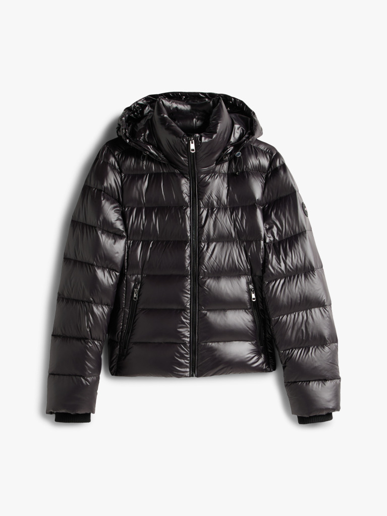 Black Shiny Water Repellent Down Hooded Jacket  Women