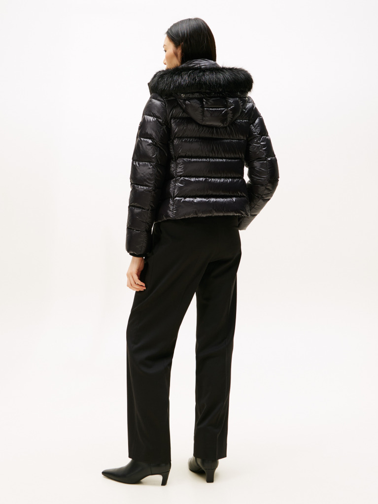 Black Shiny Water Repellent Down Hooded Jacket  Women