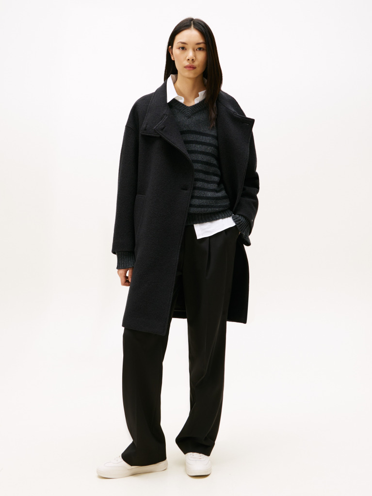 Black Wool Blend Funnel Neck Relaxed Coat  Women