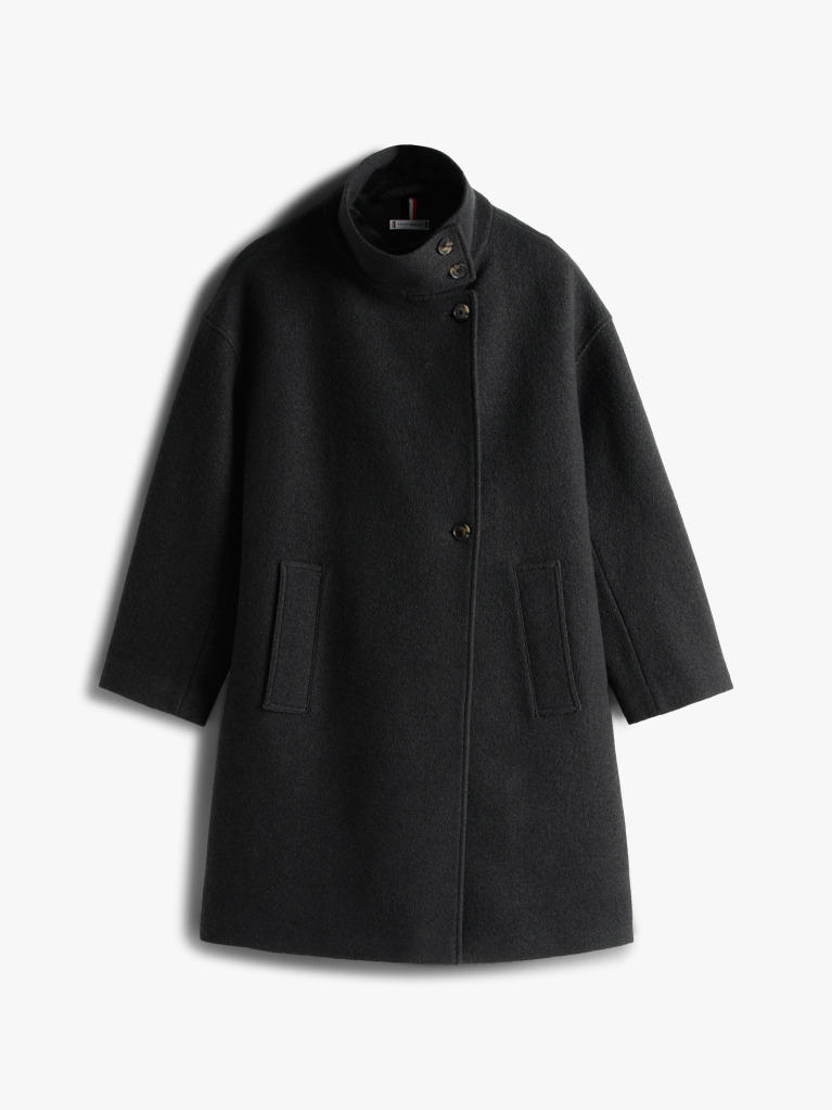 Black Wool Blend Funnel Neck Relaxed Coat  Women