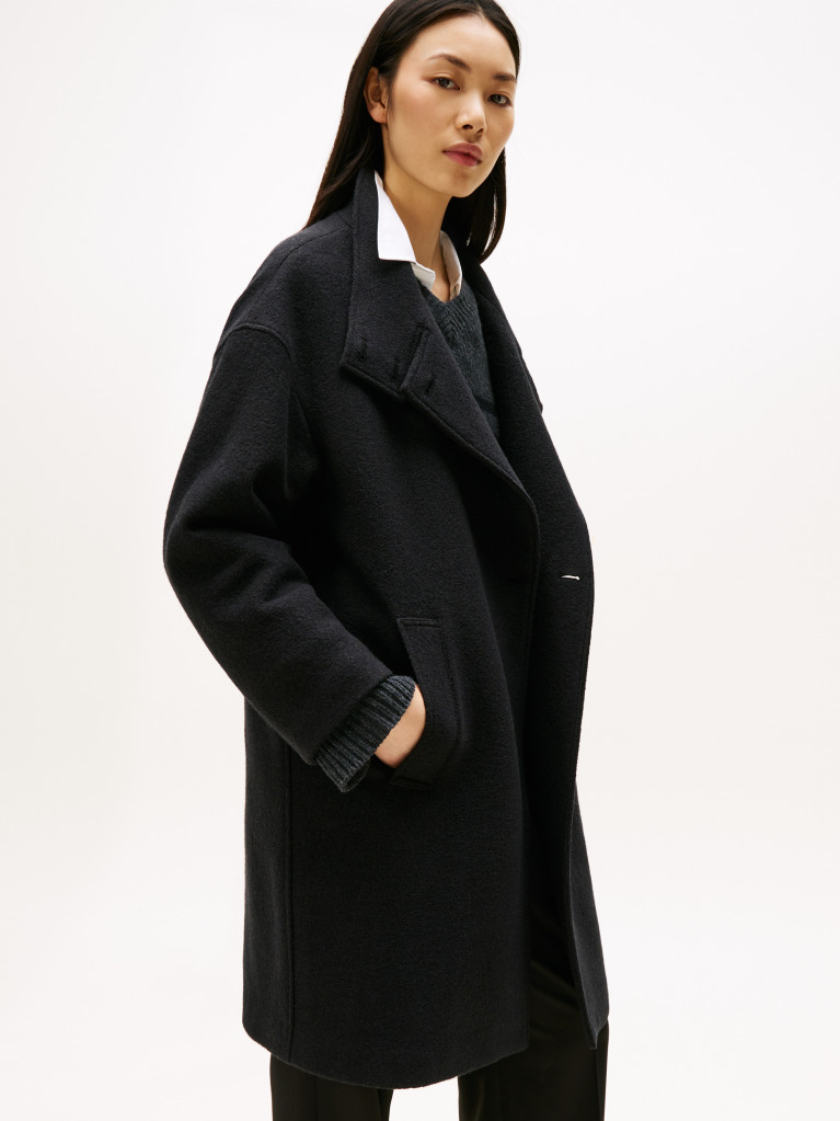 Black Wool Blend Funnel Neck Relaxed Coat  Women