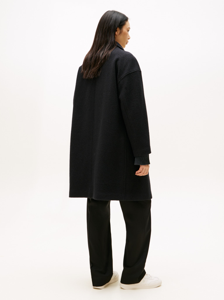 Black Wool Blend Funnel Neck Relaxed Coat  Women