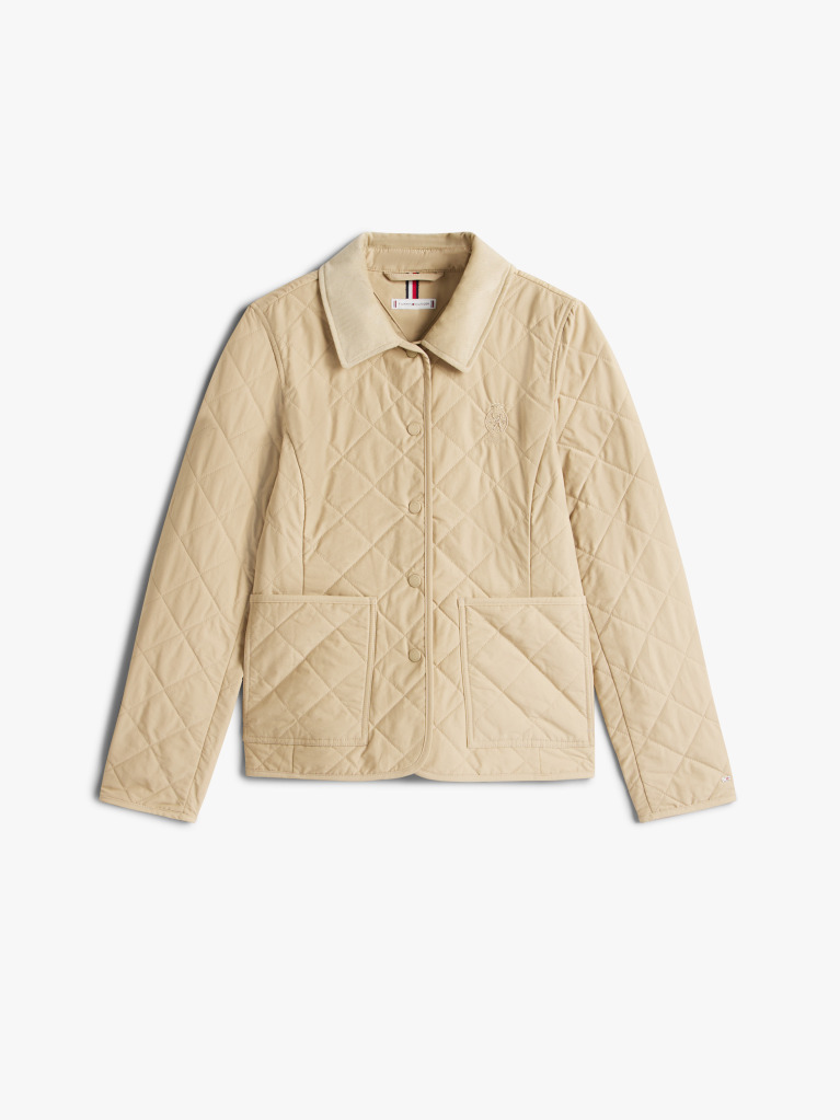 Beige Crest Embroidery Padded Quilted Slim Jacket  Women