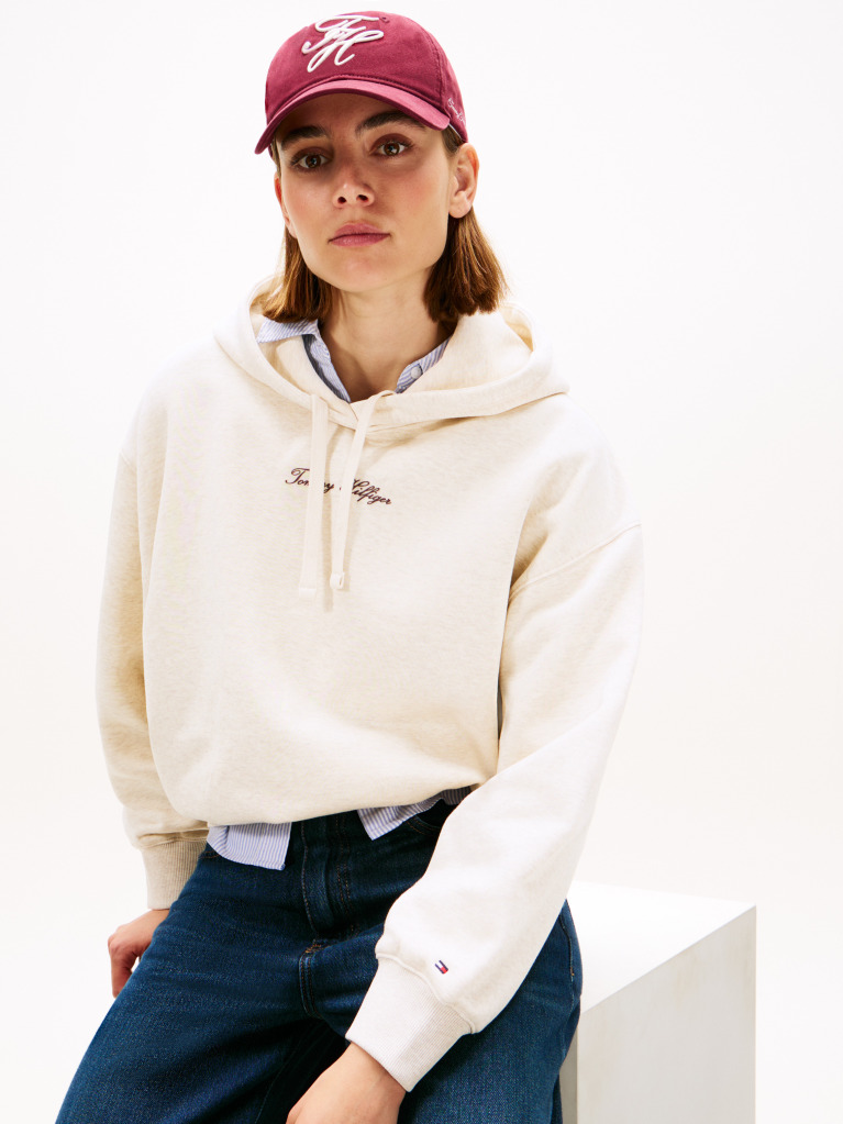 Beige Textured Logo Relaxed Fleece Hoody  Women