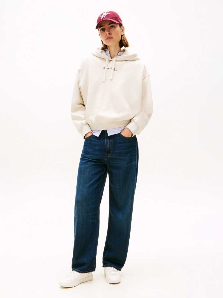 Beige Textured Logo Relaxed Fleece Hoody  Women