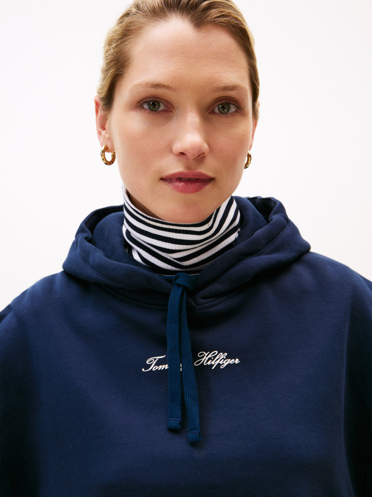 Blue Textured Logo Relaxed Fleece Hoody  Women