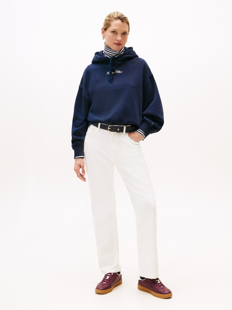 Blue Textured Logo Relaxed Fleece Hoody  Women