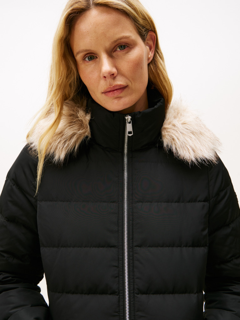 Black Faux Fur Hood Down Puffer Coat  Women