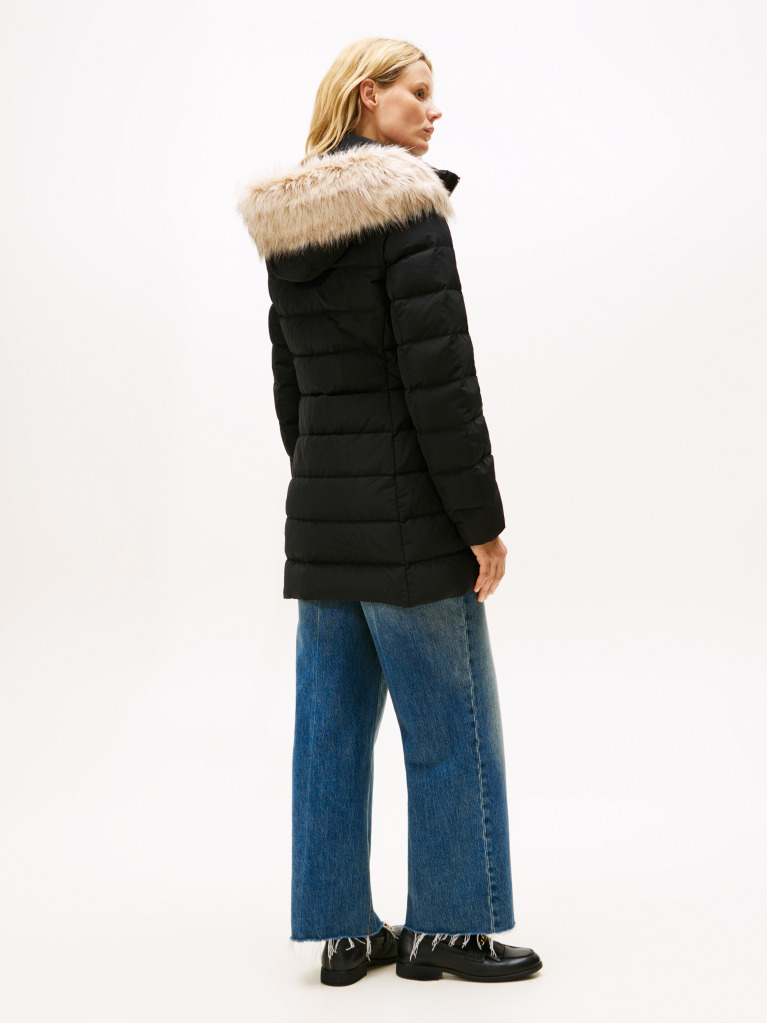 Black Faux Fur Hood Down Puffer Coat  Women