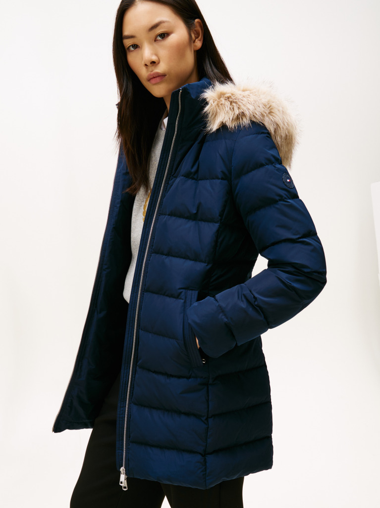 Blue Faux Fur Hood Down Puffer Coat  Women