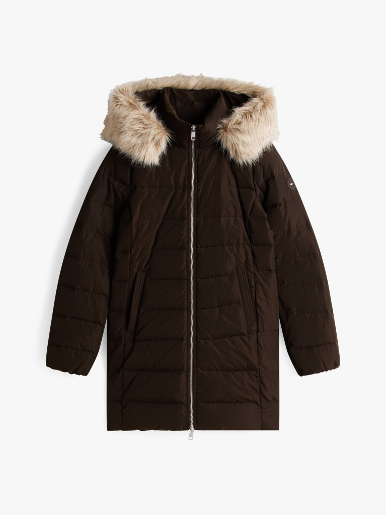 Brown Faux Fur Hood Down Puffer Coat  Women
