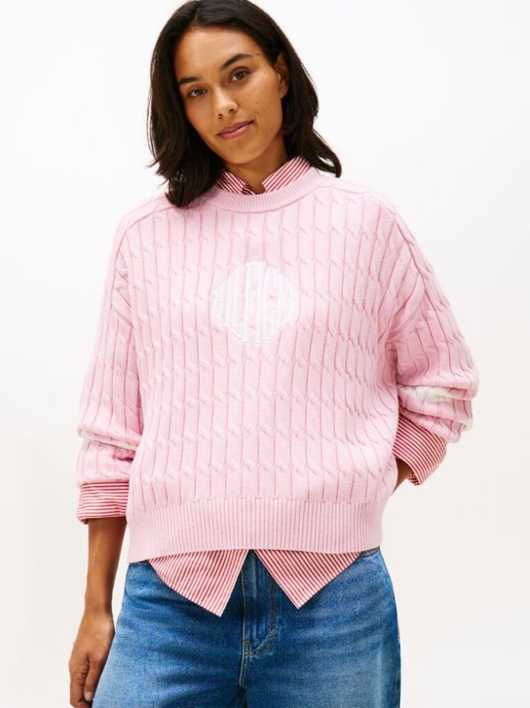 Pink Logo Embroidery Relaxed Cable Knit Jumper  Women