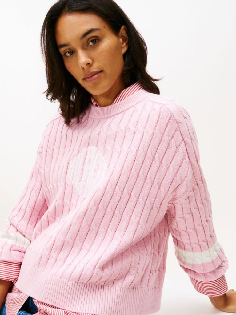 Pink Logo Embroidery Relaxed Cable Knit Jumper  Women